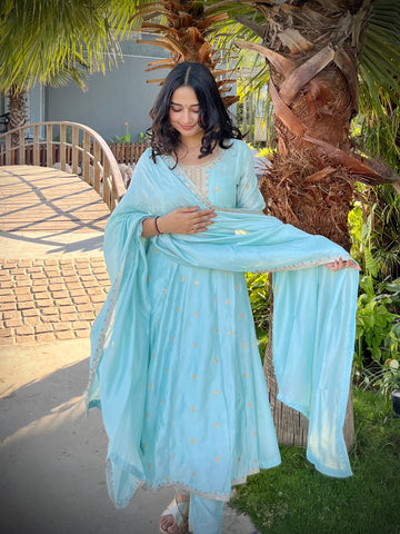 Milky Blue Maharani Soft Silk Anarkali Dress Geetha Creation